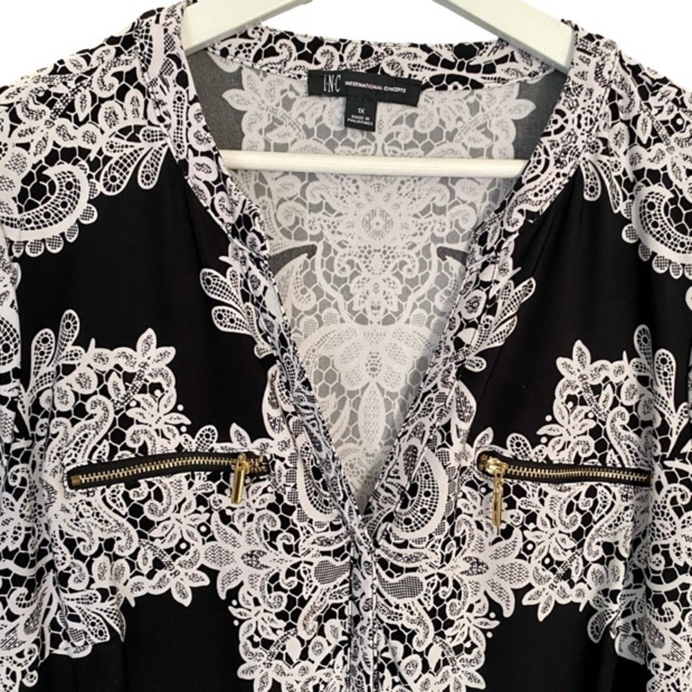 INC INTERNATIONAL CONCEPTS Top Long Sleeve Lace Print Black White Women 1X - Picture 6 of 13